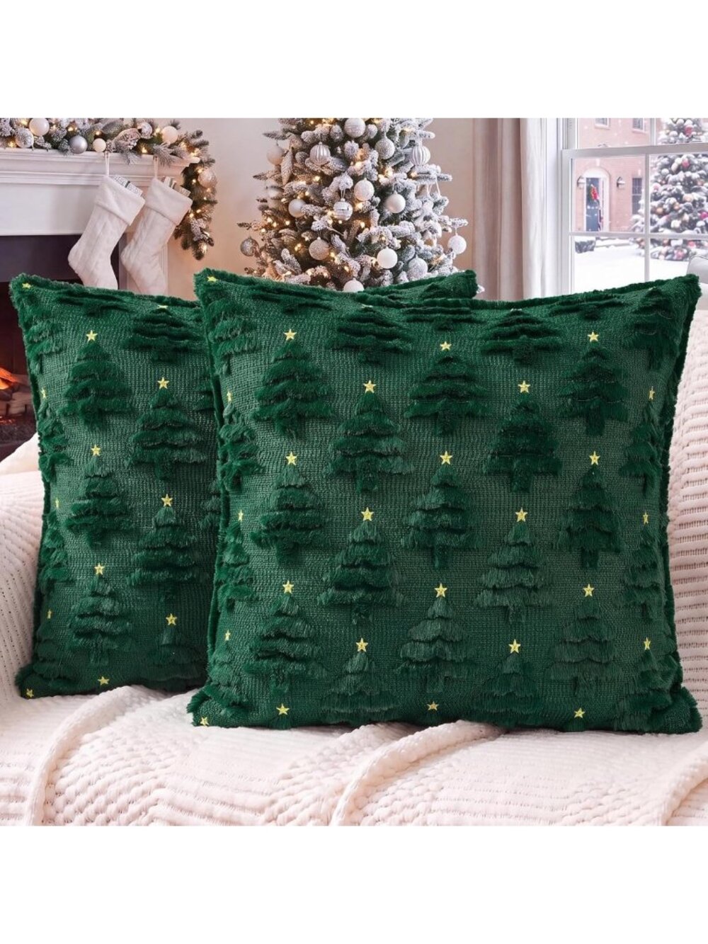 Cozy Christmas Pillow Covers 18x18 Set of 2, Green Tree Holiday Decor